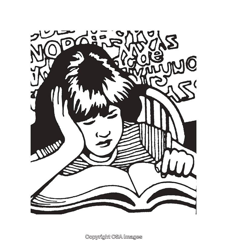 Black and White Illustration of a Child Reading a Large Book