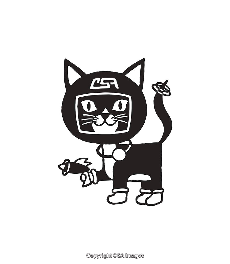 Black and White Illustration of a Cat with Futuristic Design Elements