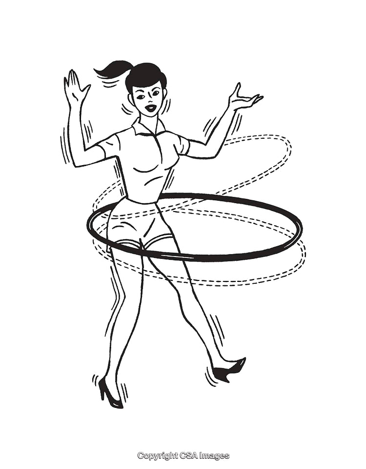 Retro Black and White Illustration of Woman Hula Hooping in High Heels