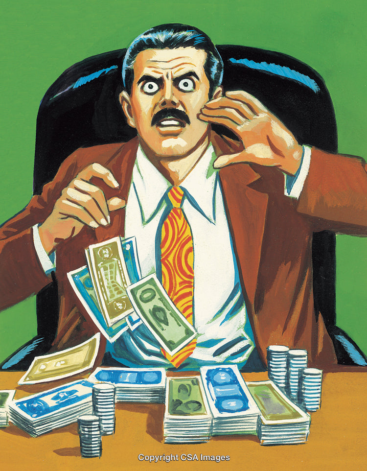 Shocked Businessman Holding Falling Money in a Vibrant Illustration