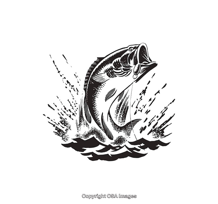 Black and White Illustration of a Jumping Fish Splashing in Water