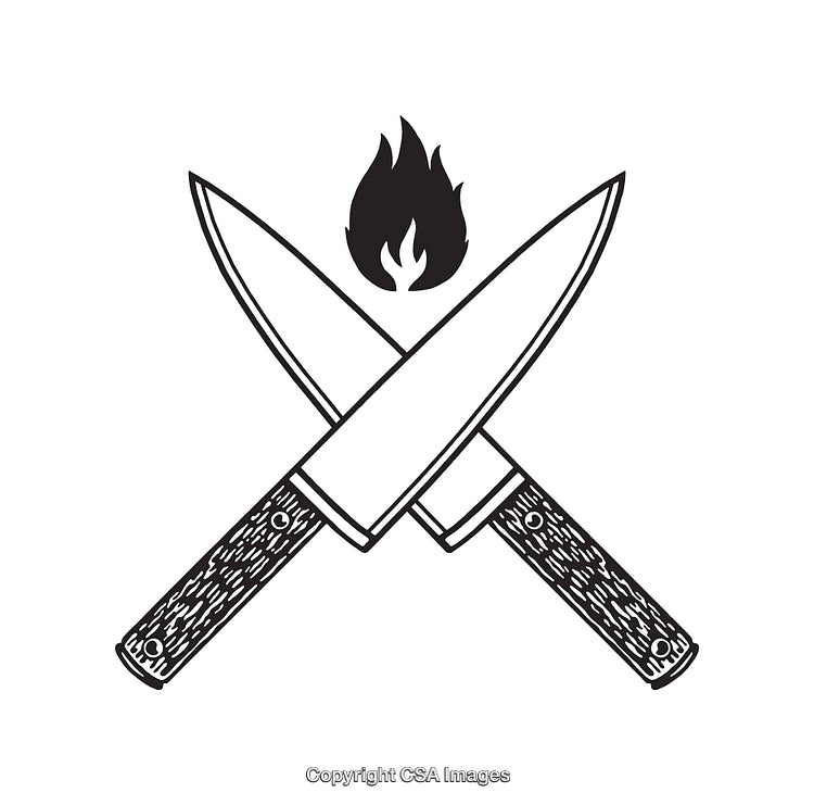 Crossed Chef Knives with Flame in Black and White Line Art