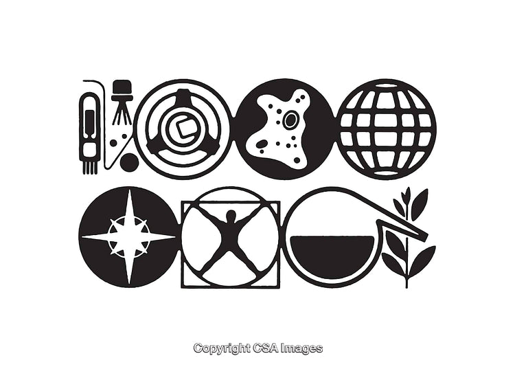 Black and White Line Art Illustrations Featuring Science and Nature Symbols