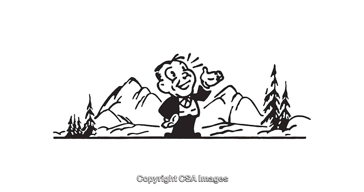 Stylized Black and White Illustration of a Cheerful Person Amidst Mountains