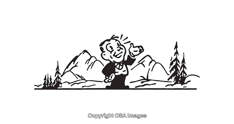 Stylized Black and White Illustration of a Cheerful Person Amidst Mountains