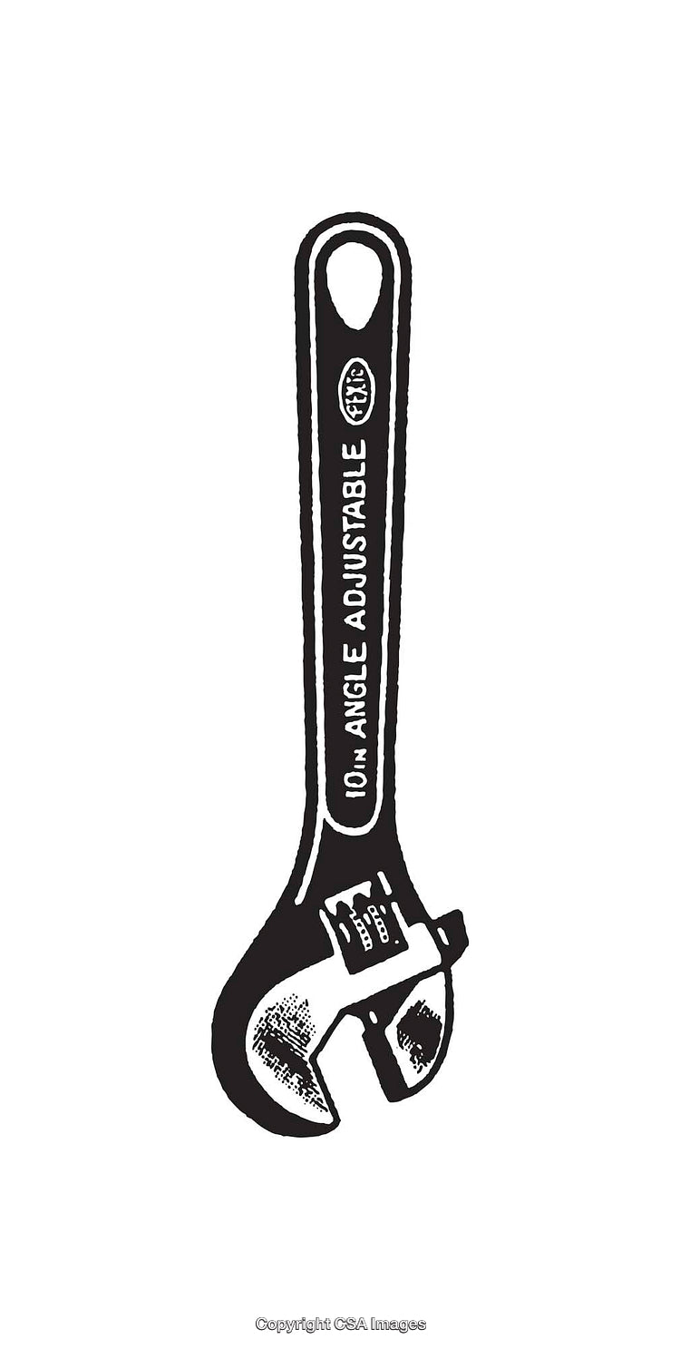 Black And White Illustration of an Adjustable Wrench Tool on White Background