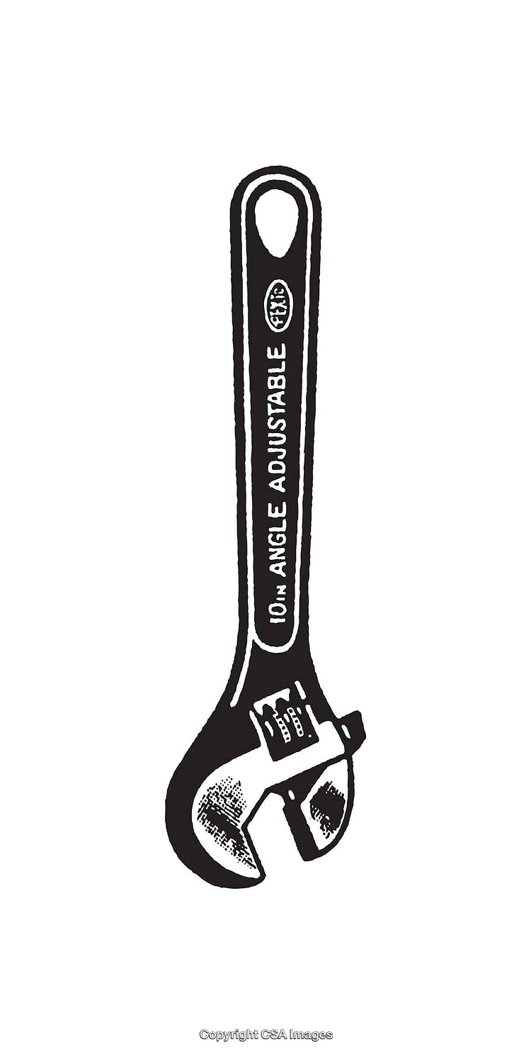 Black And White Illustration of an Adjustable Wrench Tool on White Background
