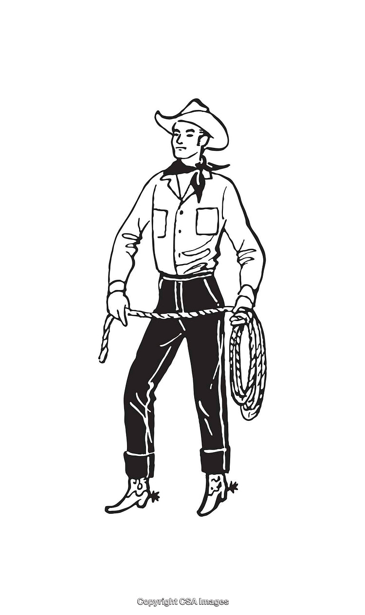 Black and White Line Art of Cowboy With Lasso