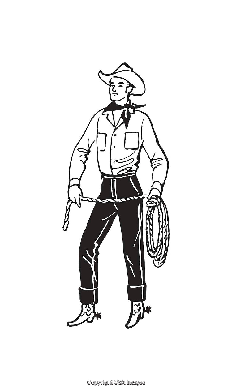 Black and White Line Art of Cowboy With Lasso