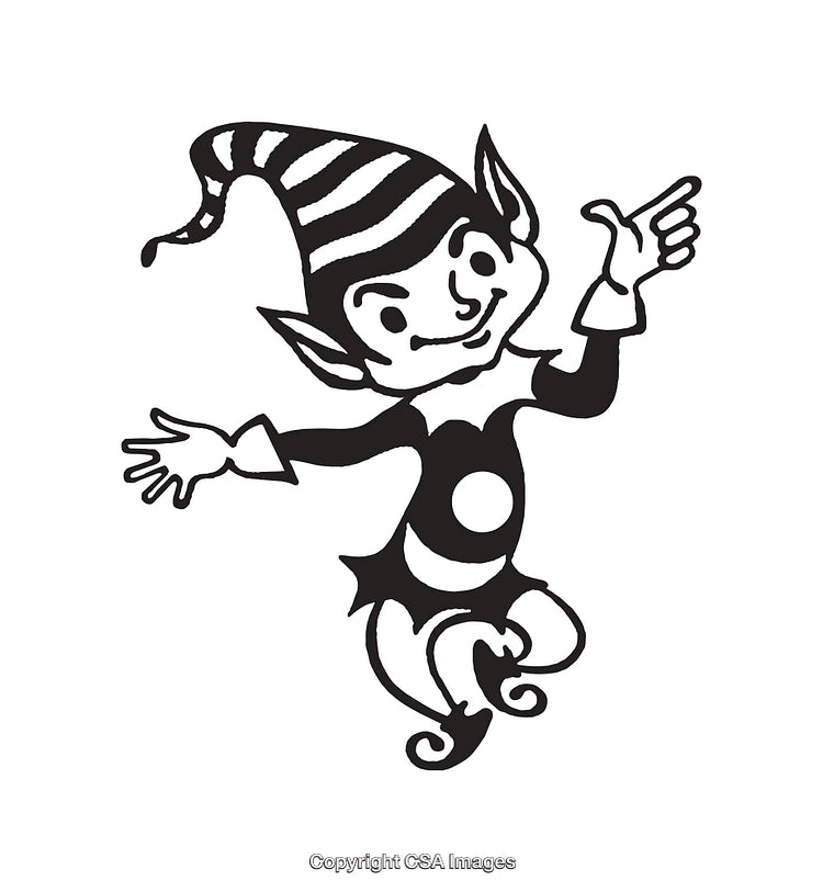 Comic Style Black and White Illustration of a Cheerful Elf Character