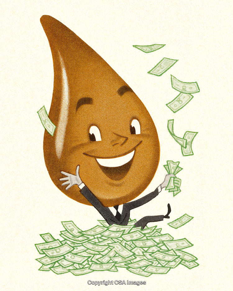 Happy Cartoon Oil Drop Character Surrounded by Falling Money Bills