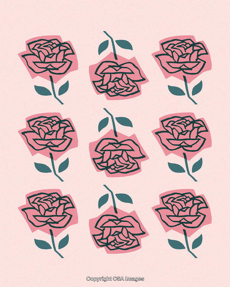 Stylized Pattern of Pink Roses with Green Leaves on Soft Background