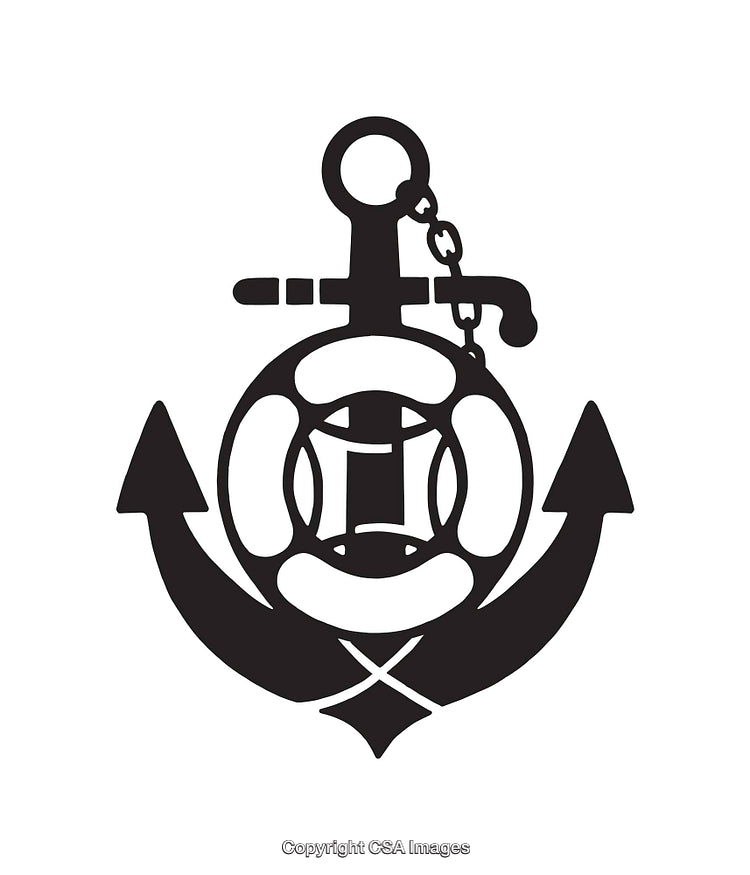 Black and White Line Art Illustration Featuring Anchor and Maritime Symbol