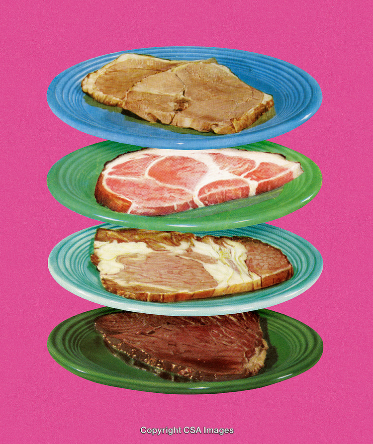 Stacked Raw Meat Cuts Displayed On Colorful Plates Against Vibrant Pink Background