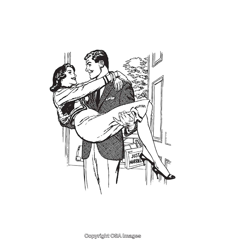 Elegant Black and White Retro Illustration of a Romantic Wedding Moment