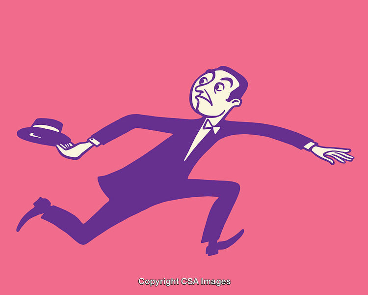 Colorful Cartoon Illustration of a Running Man in a Suit and Hat