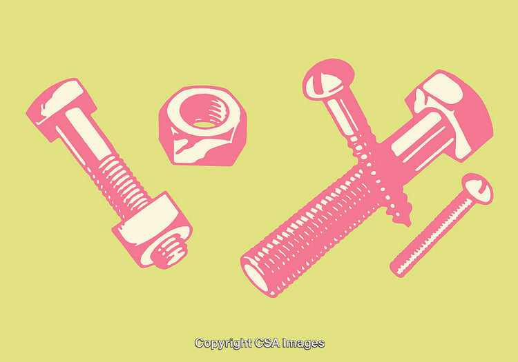 Colorful Line Art Illustrations of Bolts, Screws, and Nuts
