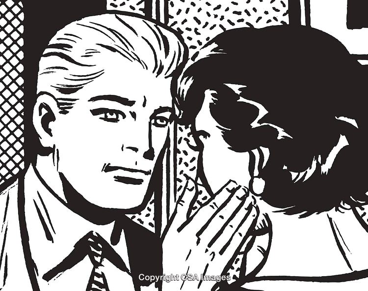 Retro Style Pop Art Illustration of Two People Whispering a Secret