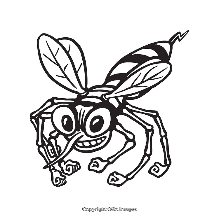 Cartoon Black and White Illustration of a Smiling Insect