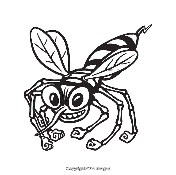 Cartoon Black and White Illustration of a Smiling Insect