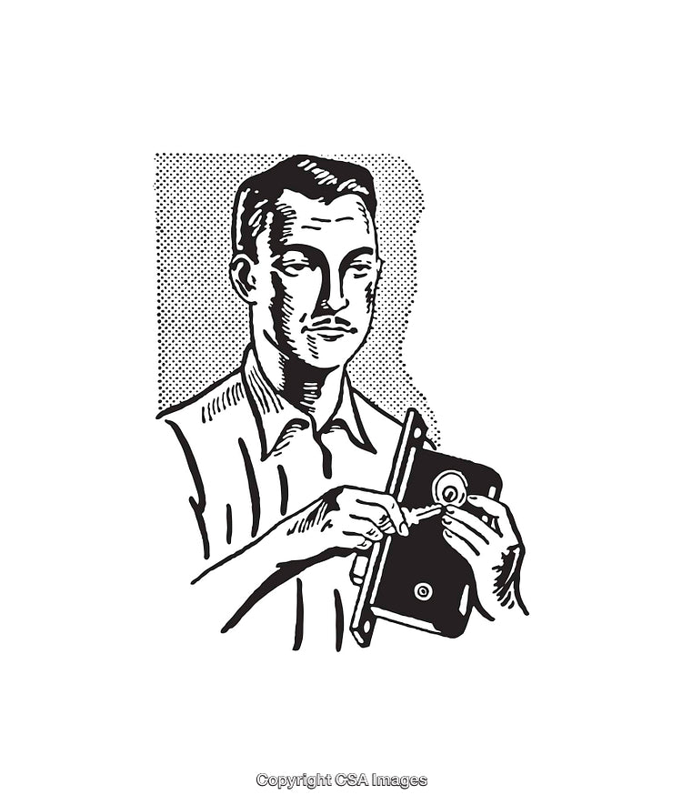 Retro Line Art of Man Using Safe with Key in Black and White