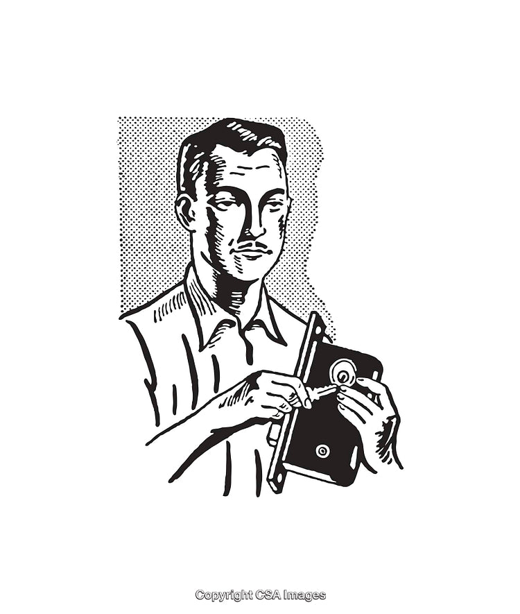Retro Line Art of Man Using Safe with Key in Black and White