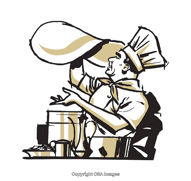 Illustration of a Skilled Chef Tossing Pizza Dough in a Kitchen