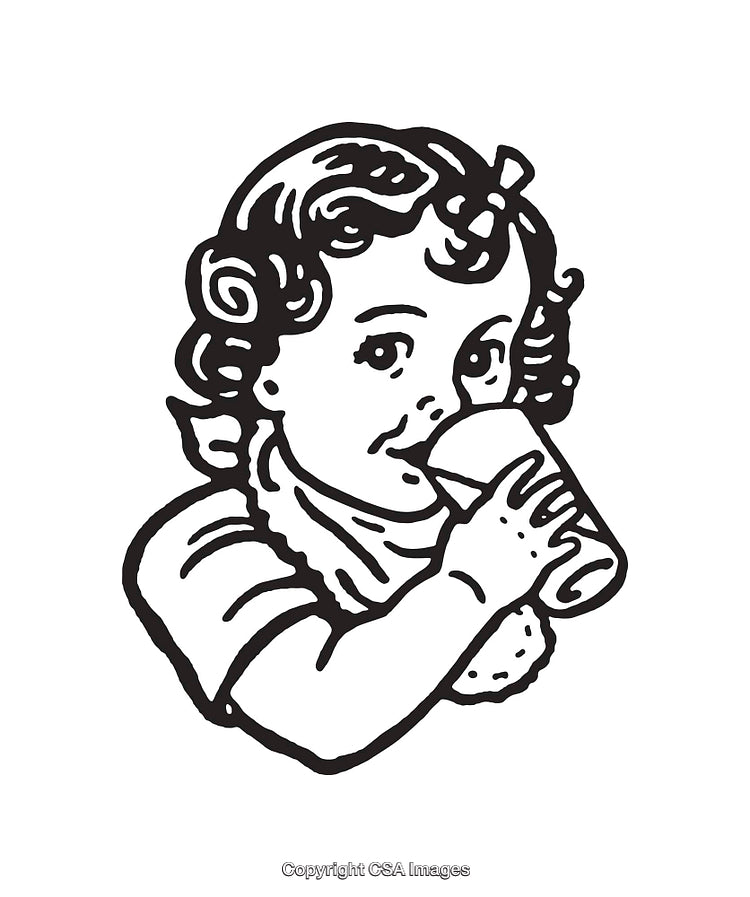Adorable Baby Drinking From a Bottle in Black and White Illustration