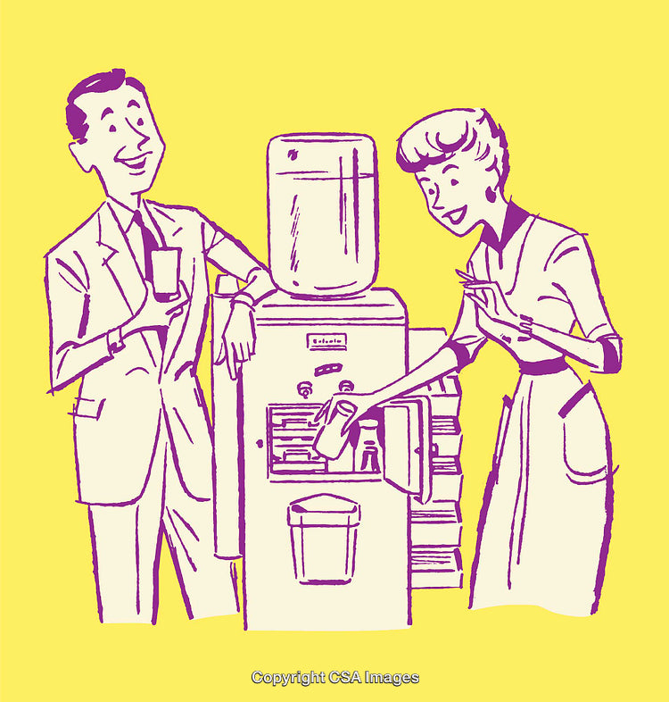 Retro Style Line Art Depicting a Social Office Coffee Break Scene