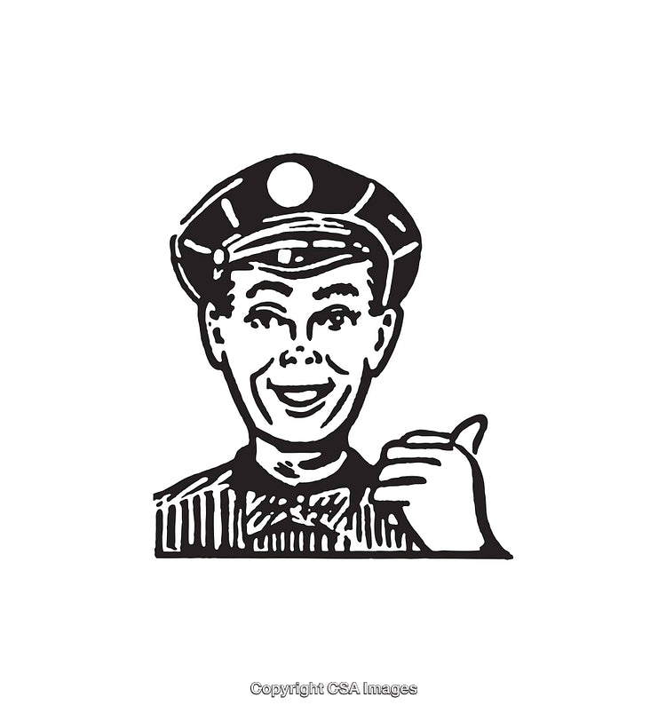 Retro Line Art Illustration of Smiling Policeman in Uniform