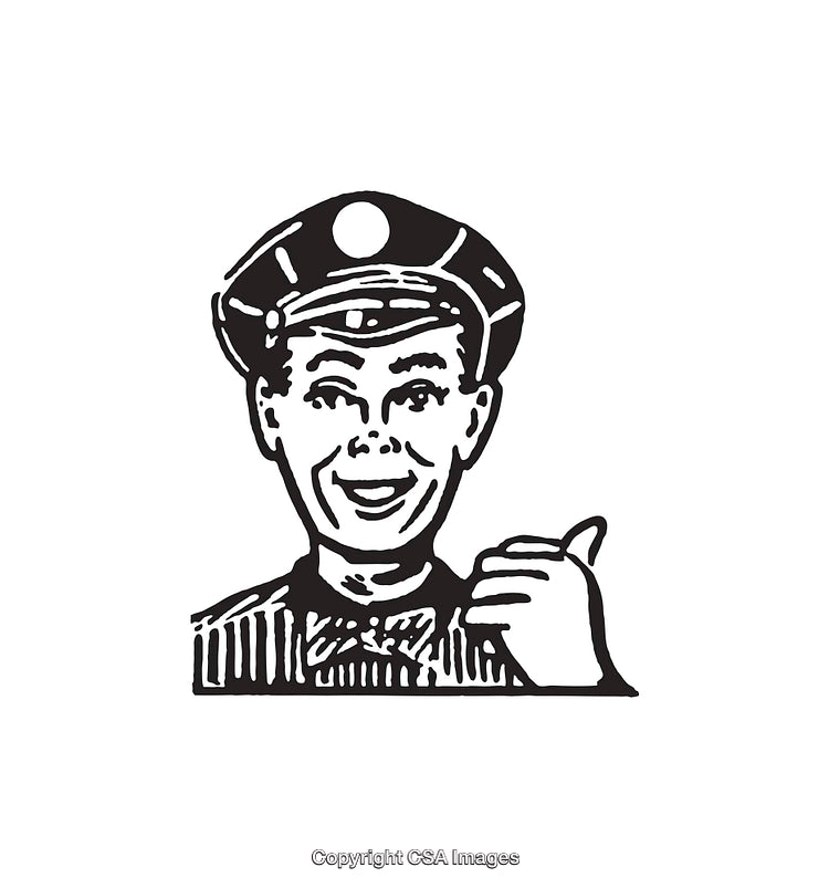 Retro Line Art Illustration of Smiling Policeman in Uniform