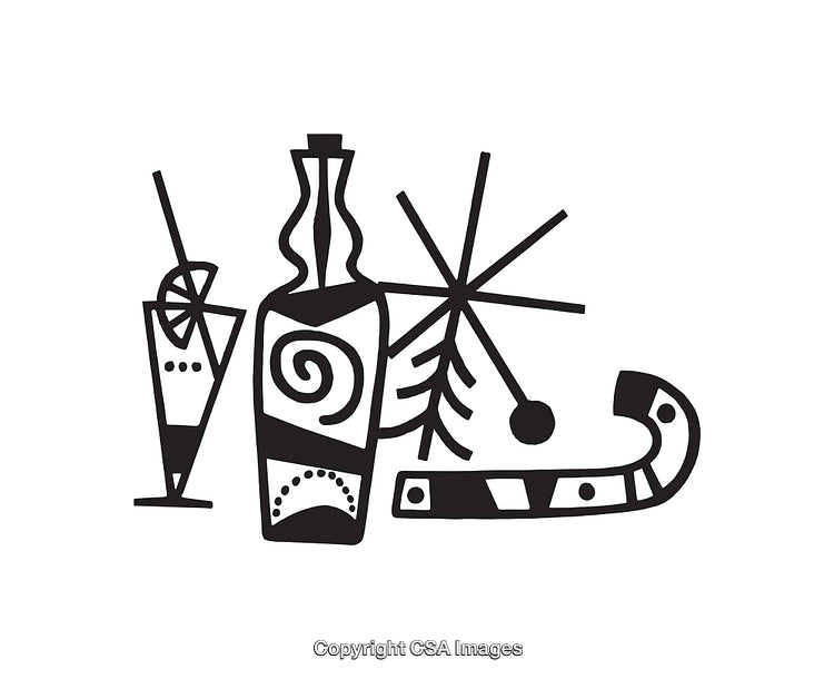 Black and White Line Art of Festive Drinks and Celebration Symbols