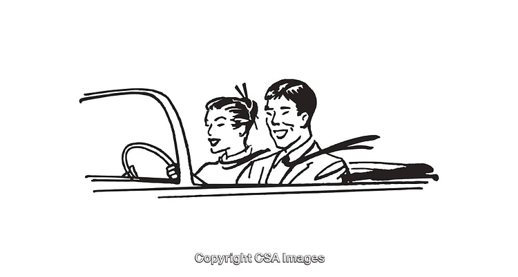 Retro Black and White Illustration of a Couple Driving a Convertible Car