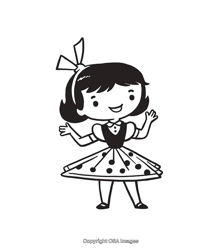 Cheerful Cartoon Girl in Polka Dot Dress Line Art Illustration