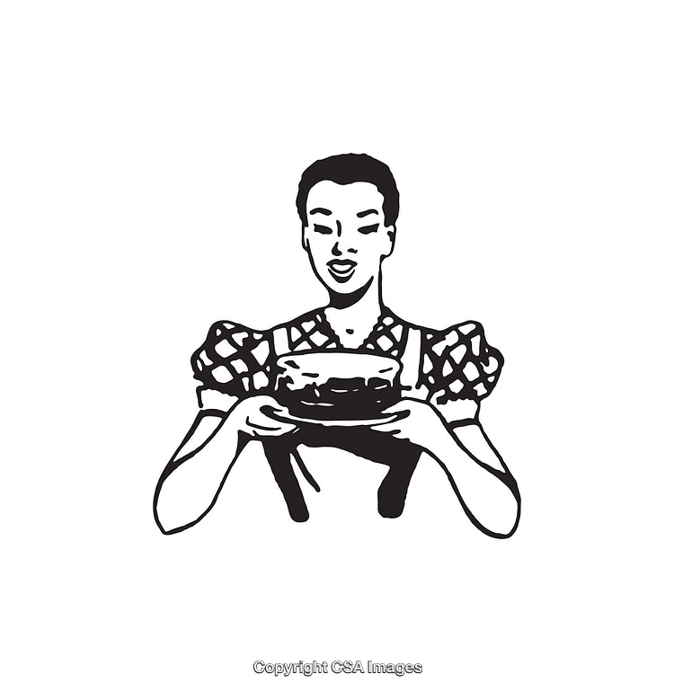 Black and White Line Art of Woman Presenting a Cake