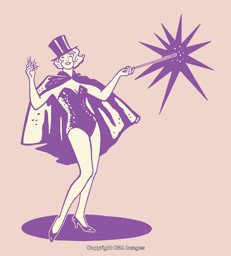 Colorful Illustration of a Woman Performing a Magic Trick with a Wand