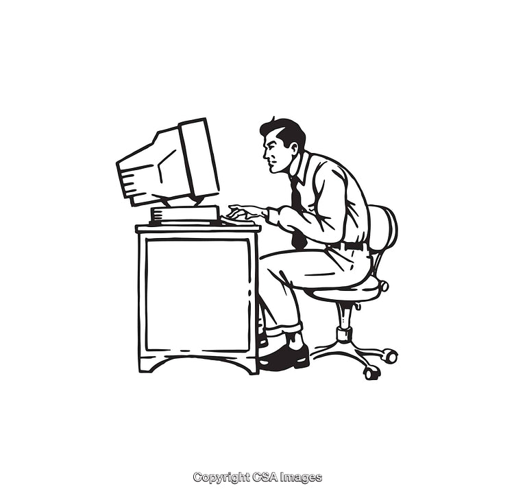 Black And White Line Art of a Man Working at a Desk