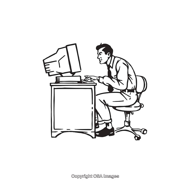 Black And White Line Art of a Man Working at a Desk