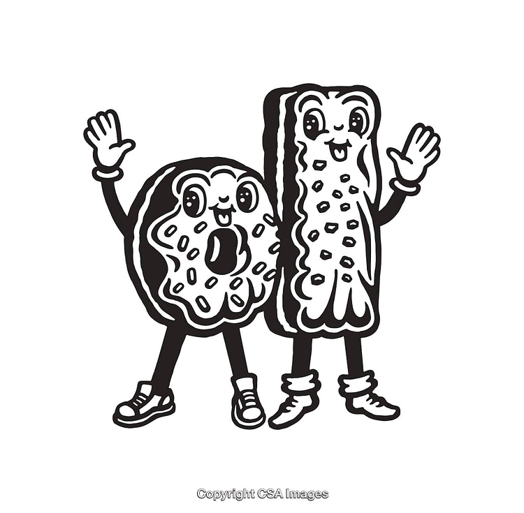Adorable Black and White Line Art of Friendly Pastry Characters