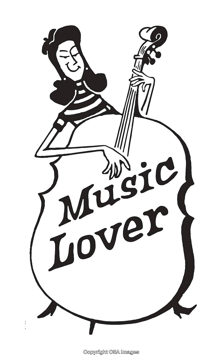 Black and White Music Lover Playing a Double Bass Illustration