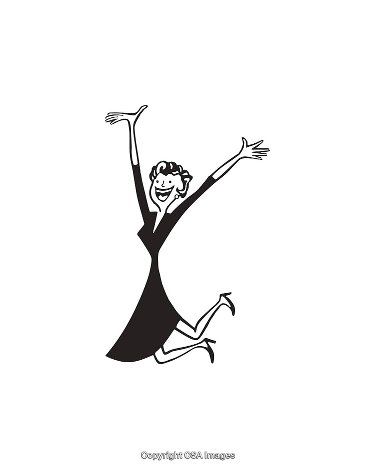 Retro Cartoon Woman Joyfully Jumping in Black and White Line Art