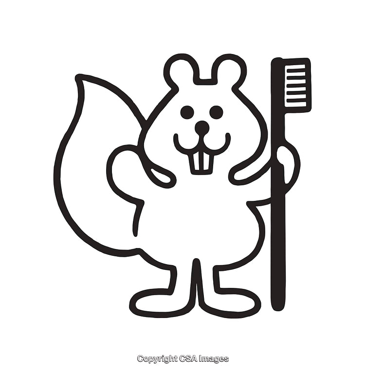 Black and White Line Art Illustration of a Beaver Holding a Toothbrush