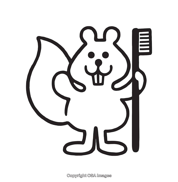 Black and White Line Art Illustration of a Beaver Holding a Toothbrush