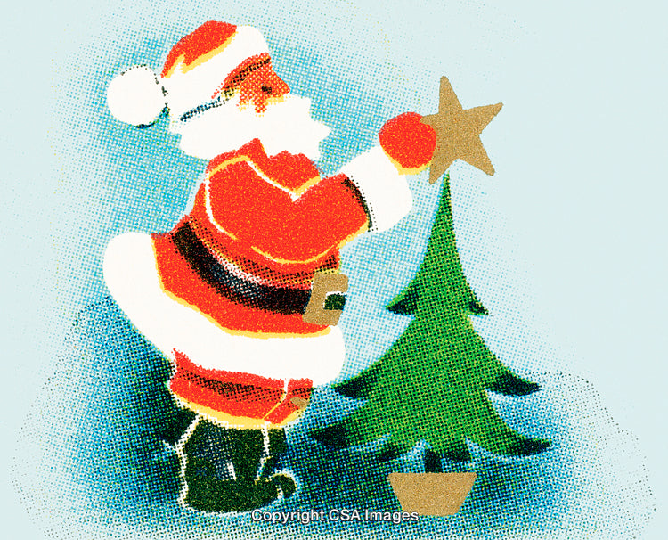 Santa Claus Decorating Christmas Tree with a Star Illustration