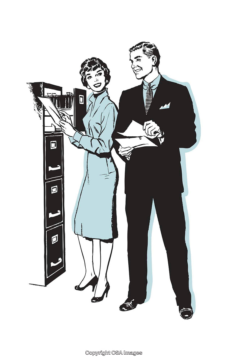 Retro Office Scene Featuring Two People Filing Documents