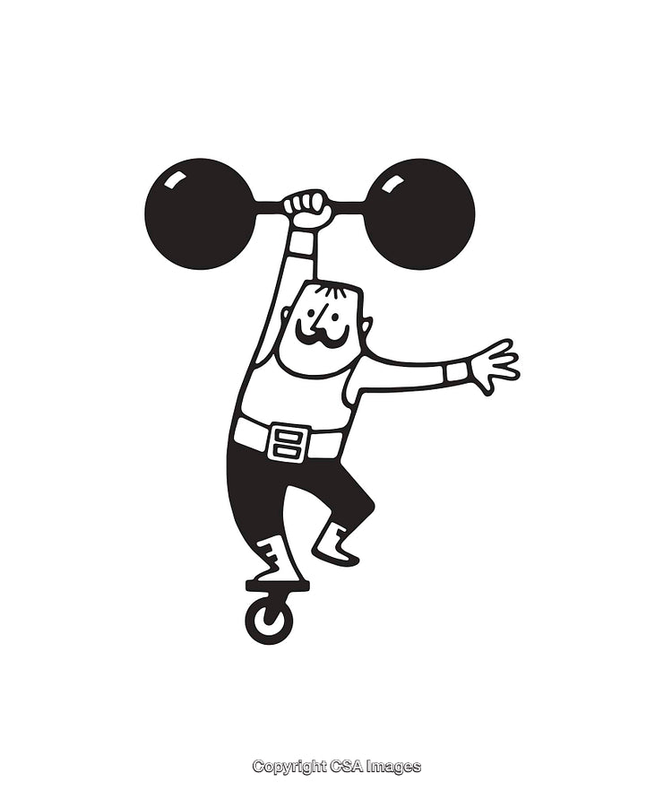 Strongman Illustration Balancing on Unicycle and Holding Barbell in Black and White