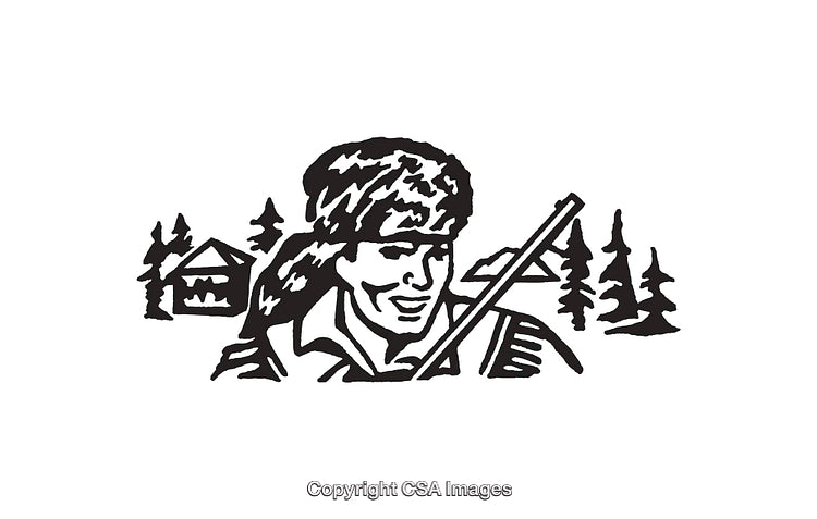 Vintage Line Art of Pioneer with Cabin and Trees Illustration