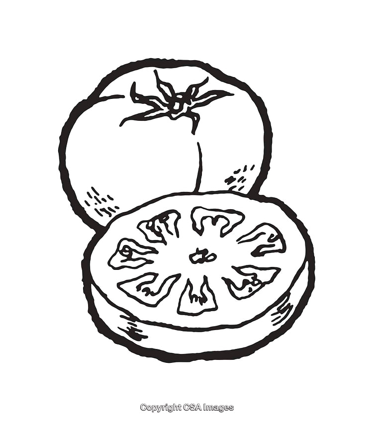 Black and White Line Art of Whole and Sliced Tomato Drawing