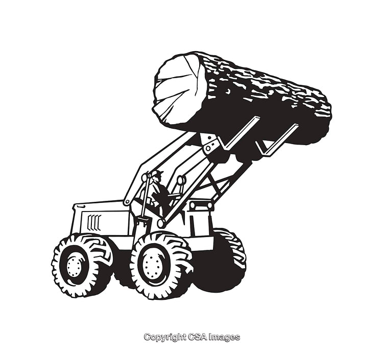 Black and White Illustration of a Skidder Transporting a Large Log