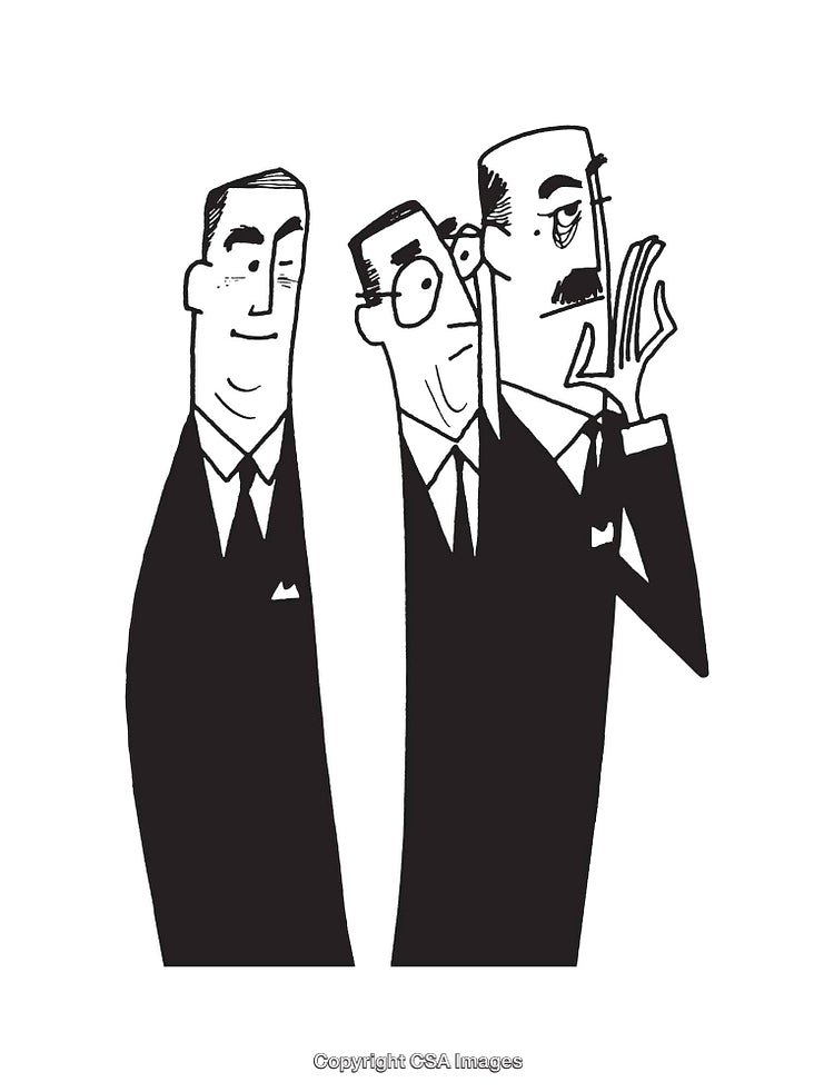 Black and White Line Art of Three Individuals in Discussion